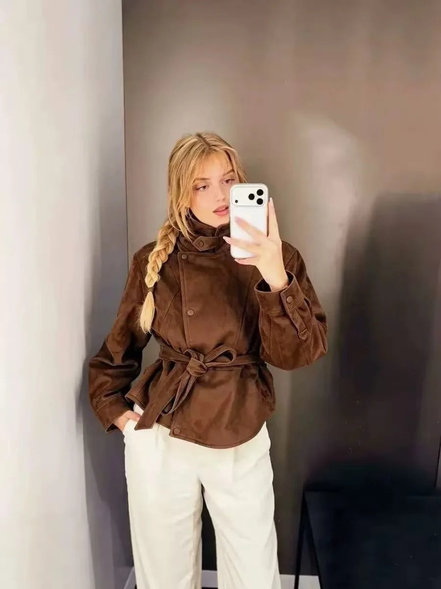 ZA Belted Suede-Effect High-Neck Jacket