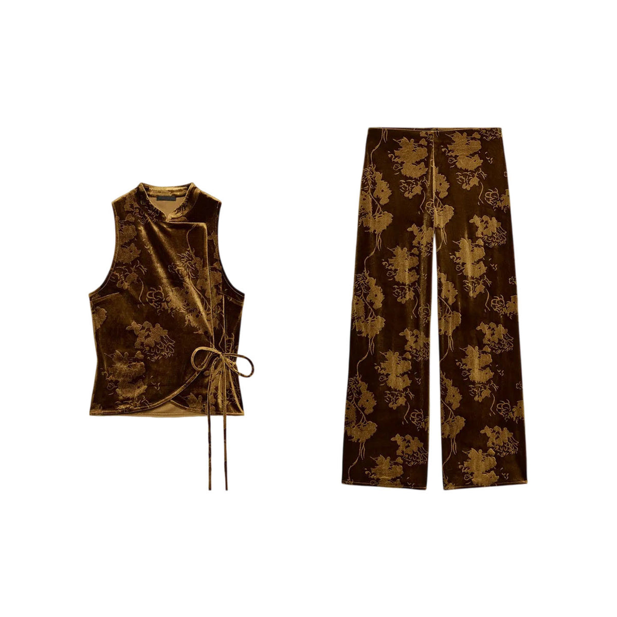 ZA Floral Velvet Wrap Top & Wide-Leg Pants Set