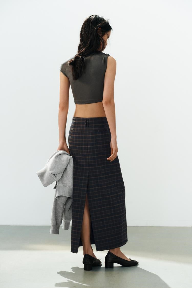 ZA Reversible Check Midi Skirt