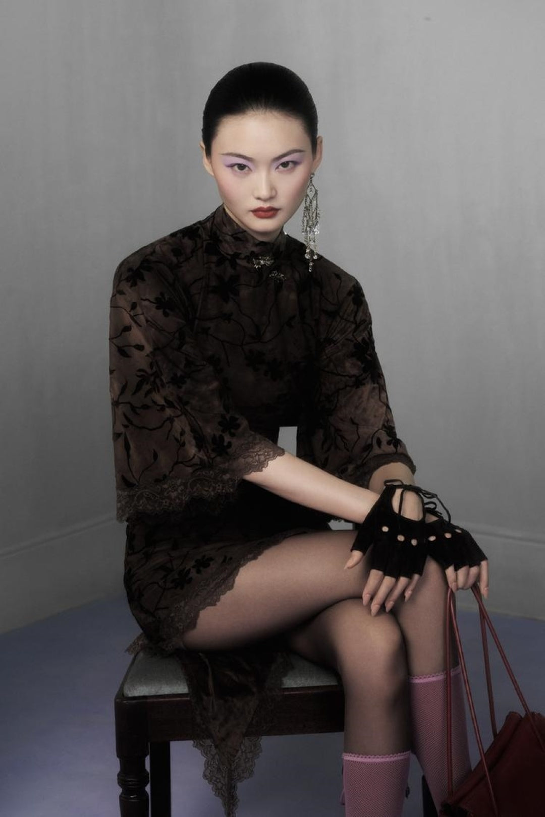ZA Floral Velvet Asymmetric Lace-Trim Top