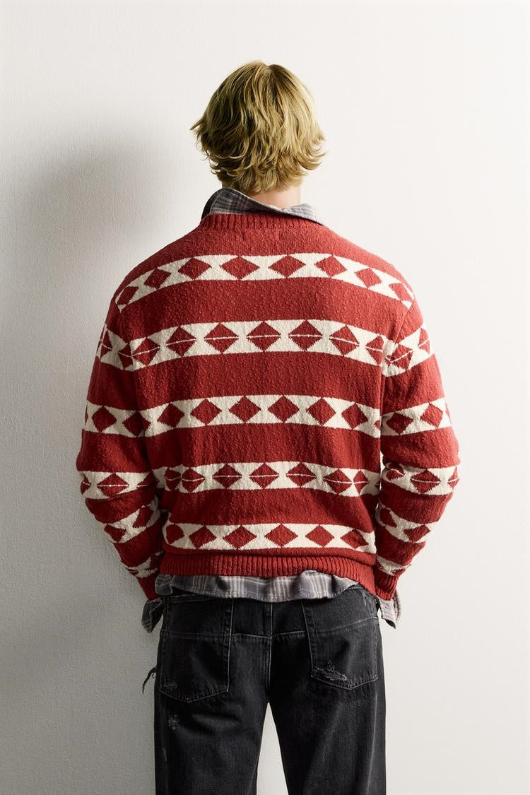 ZA Geometric Jacquard Crewneck Sweater