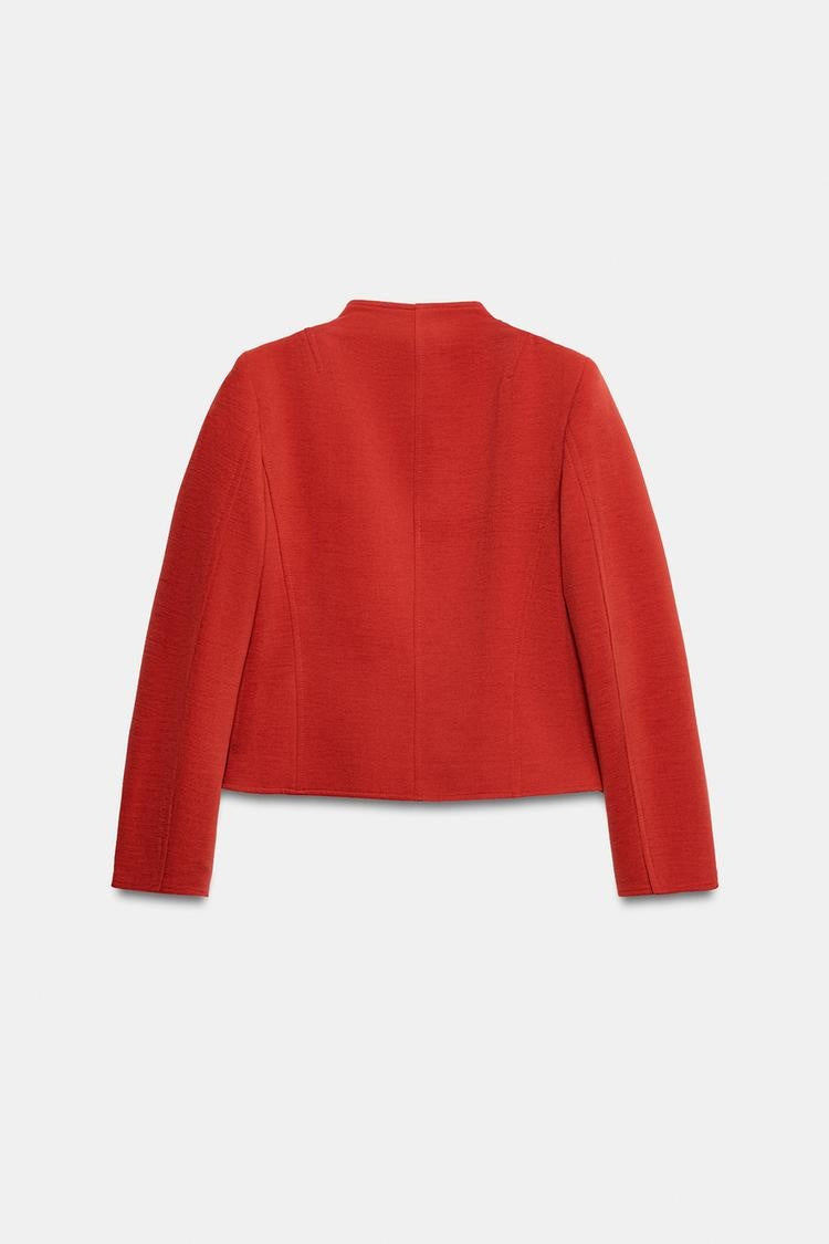 ZA Red Collarless Button Jacket