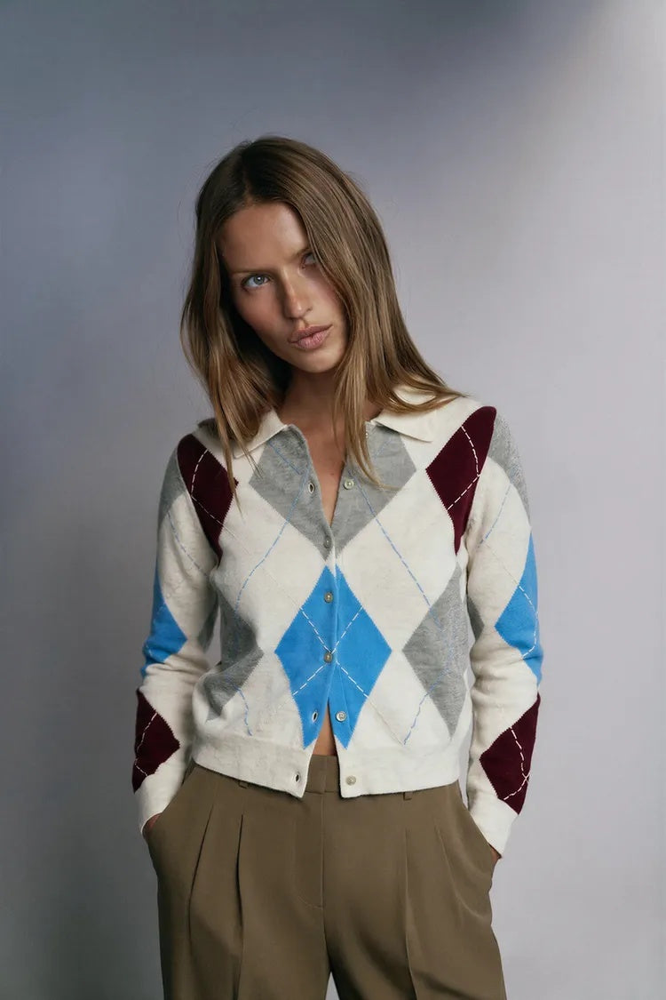 ZA Argyle Knit Collared Cardigan