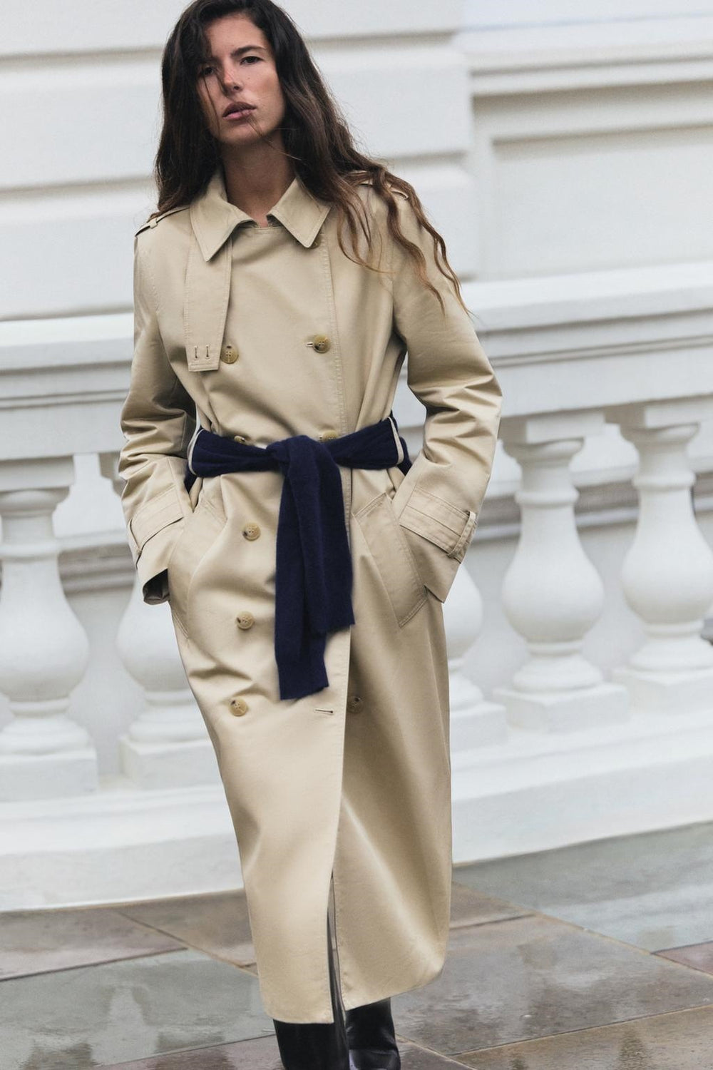 ZA Classic Belted Double-Breasted Trench Coat