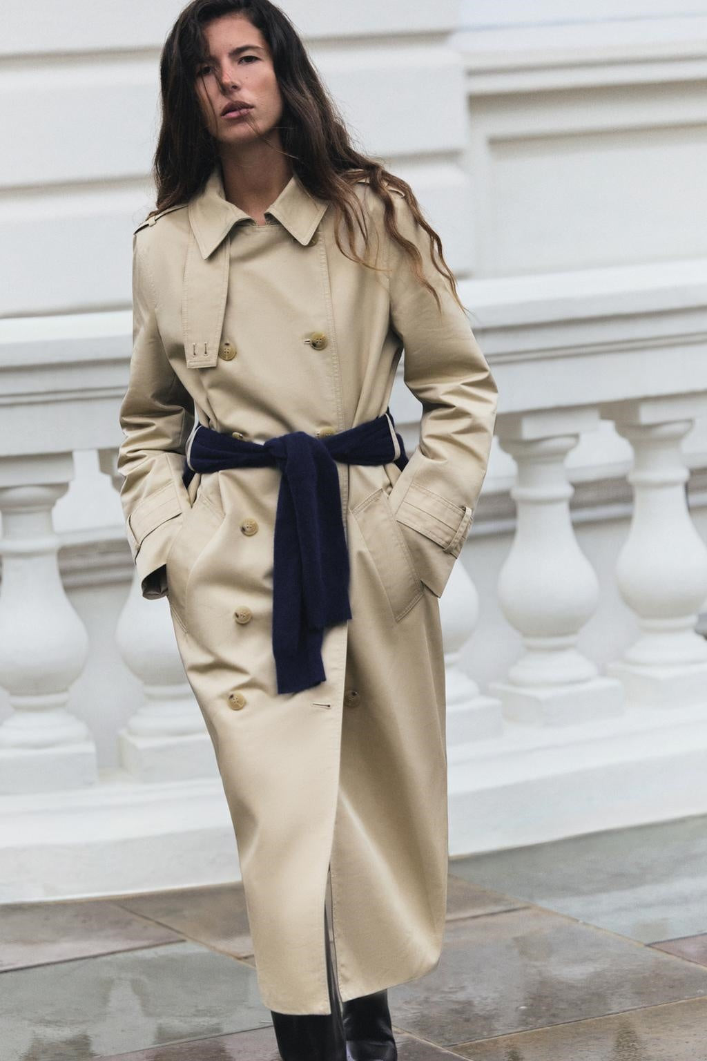 ZA Classic Belted Double-Breasted Trench Coat