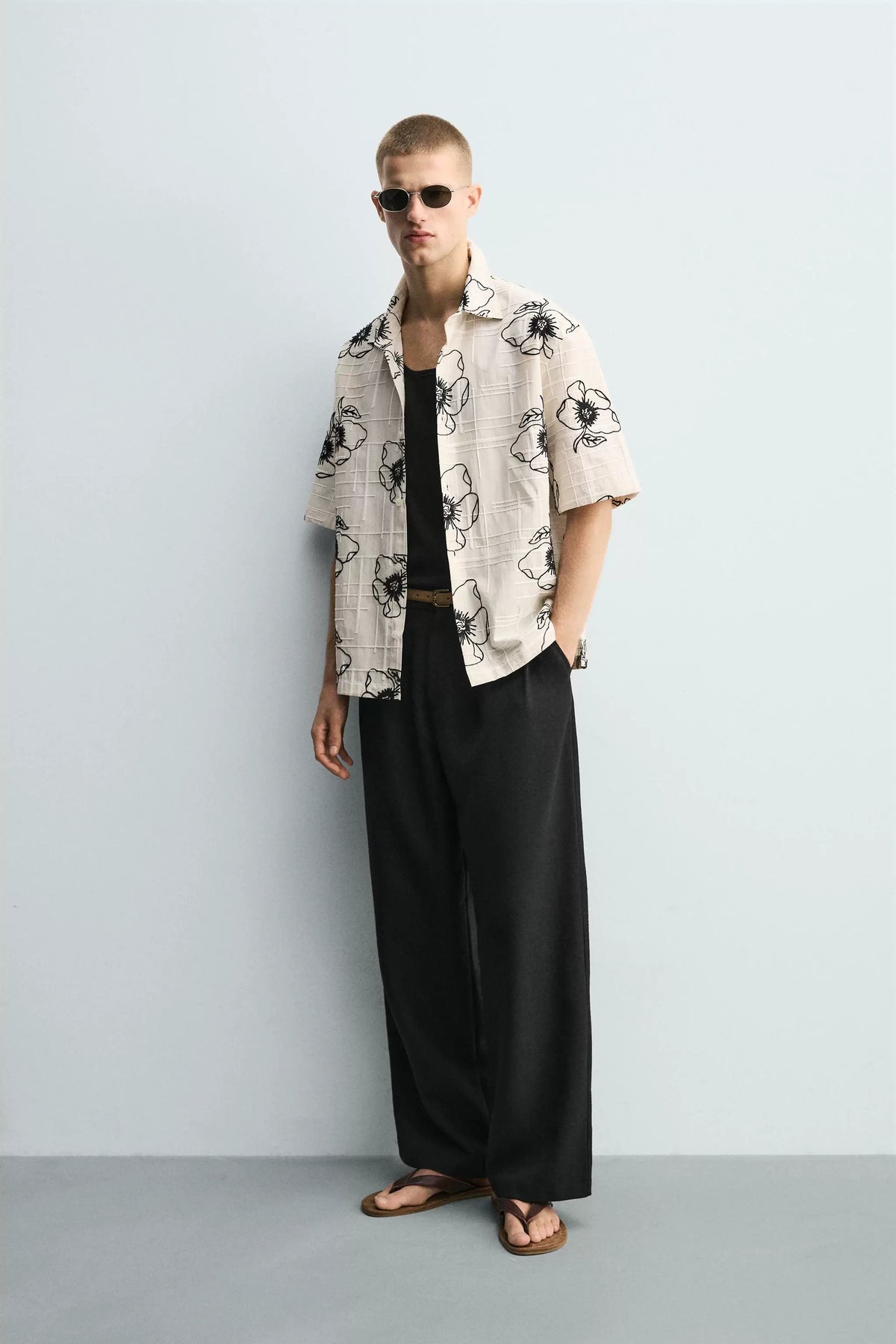 ZA Floral Print Textured Short-Sleeve Shirt