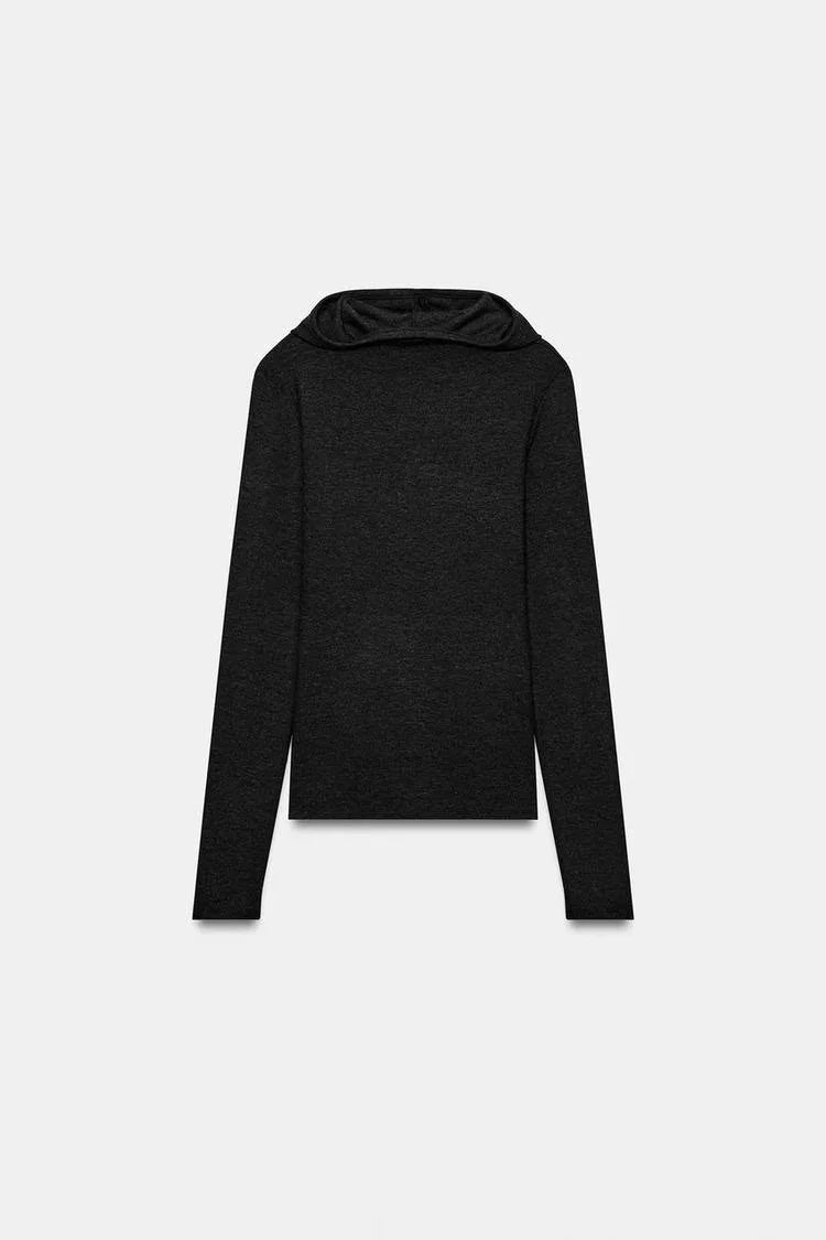 ZA Draped Hooded Long Sleeve Top