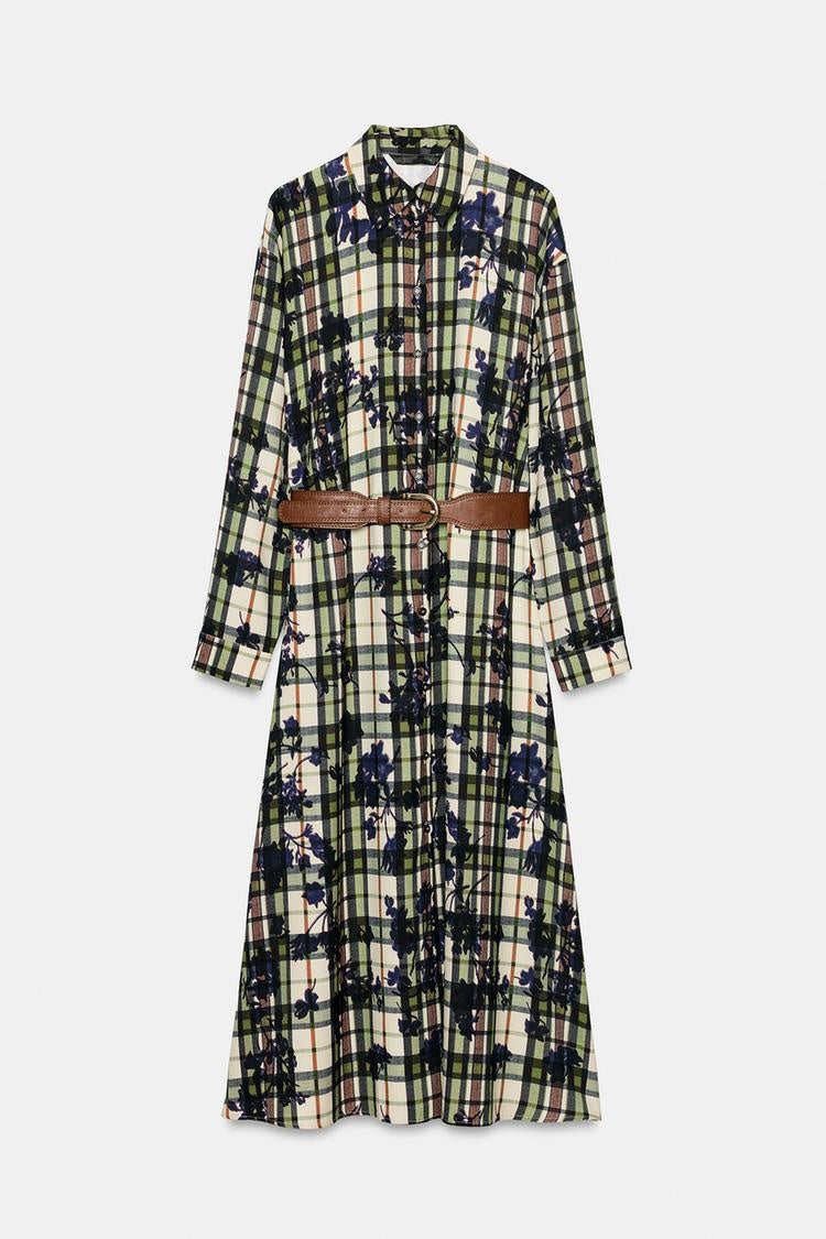ZA Floral Plaid Belted Maxi Shirt Dress