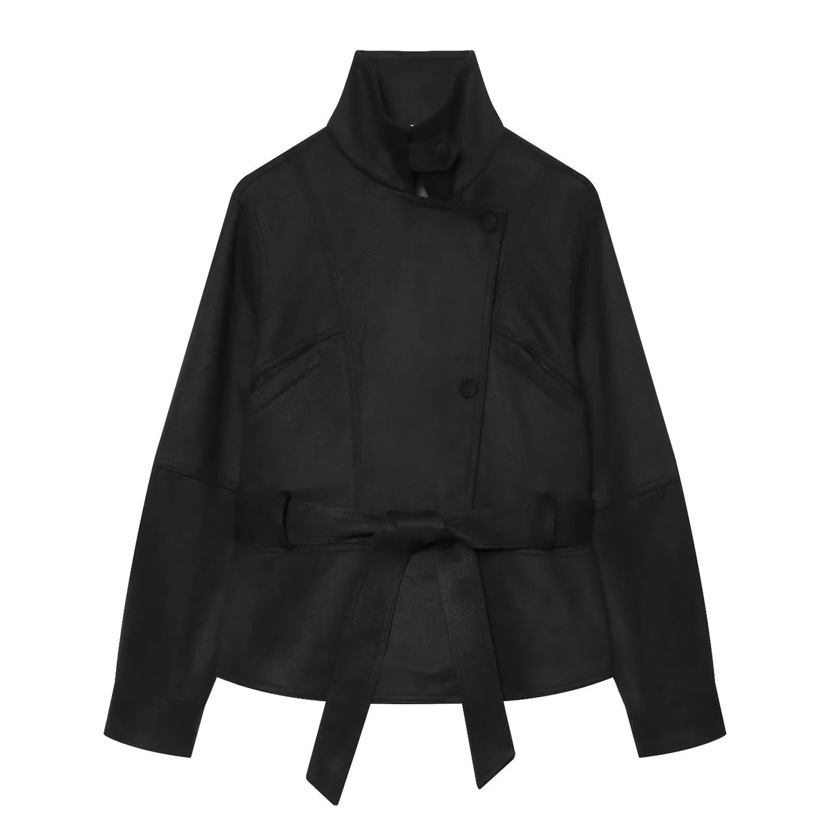 ZA Belted Suede-Effect High-Neck Jacket