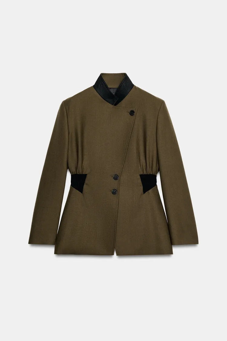 SA Contrast-Collar Tailored Jacket & Midi Skirt Set