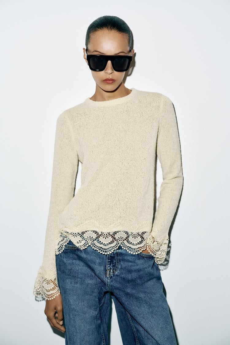 ZA Lace-Trim Textured Knit Sweater