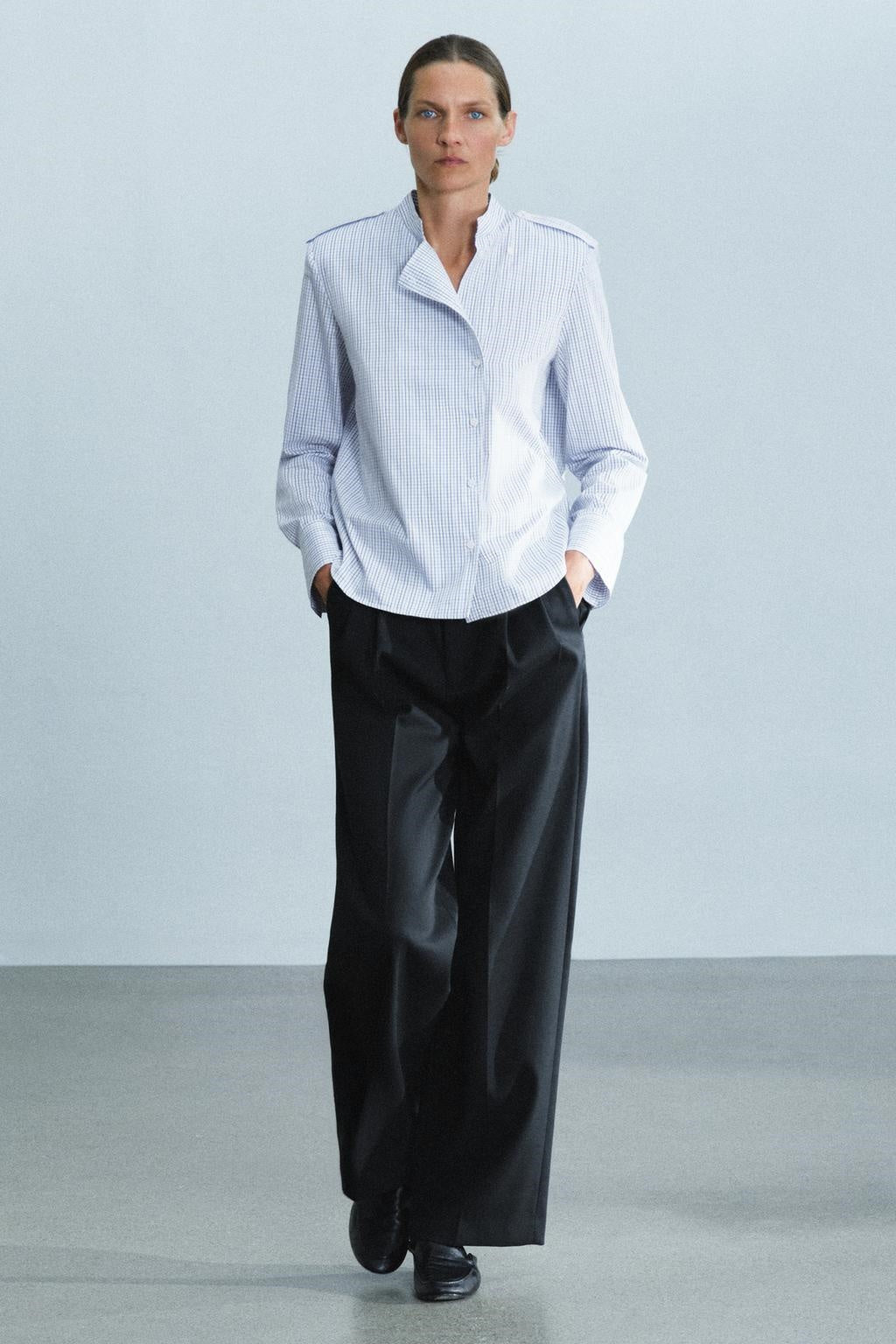 ZA Micro-Check Mandarin Collar Shirt