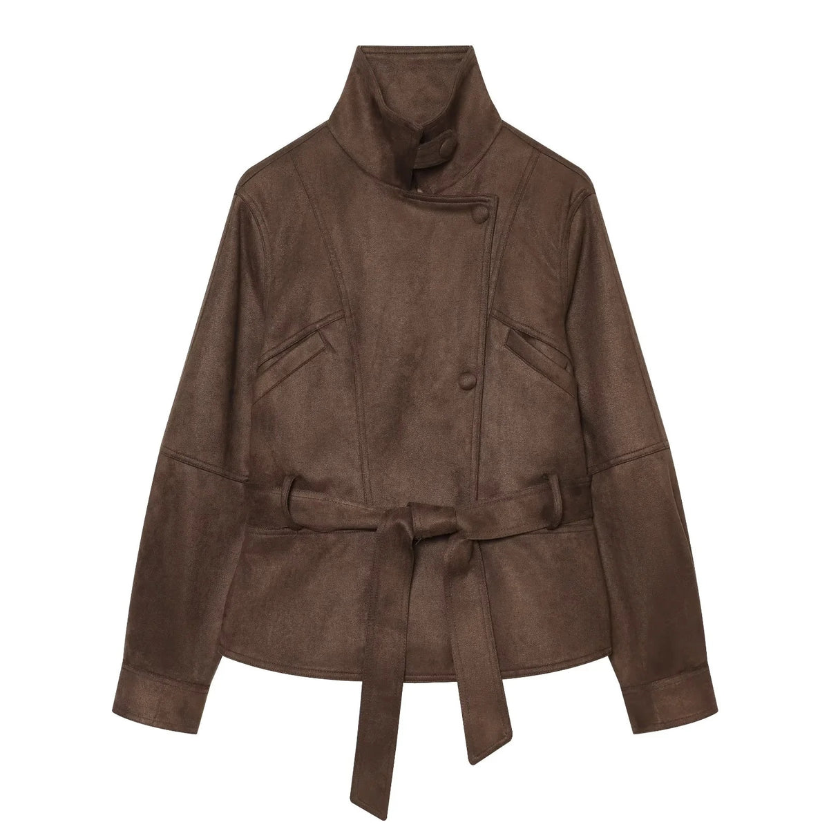 ZA Belted Suede-Effect High-Neck Jacket