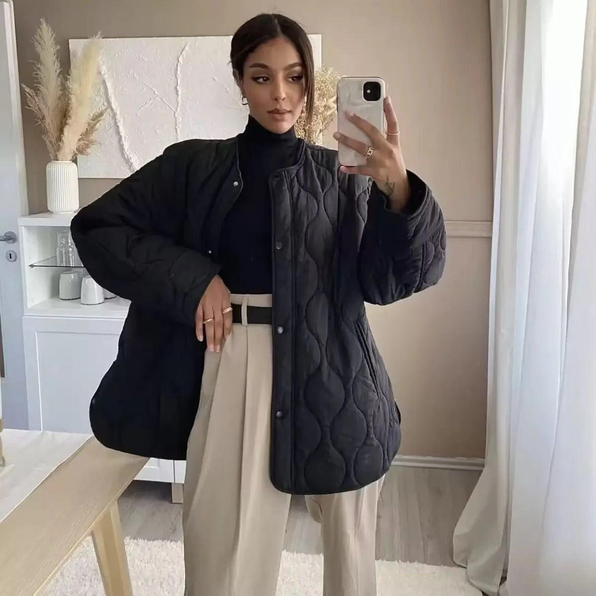 ZA Lightweight Quilted Snap-Button Jacket