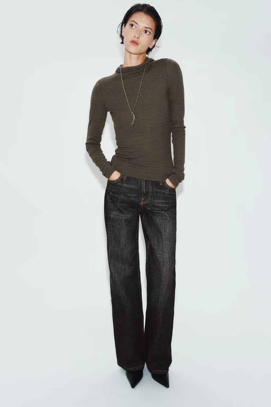 ZA Draped Hooded Long Sleeve Top