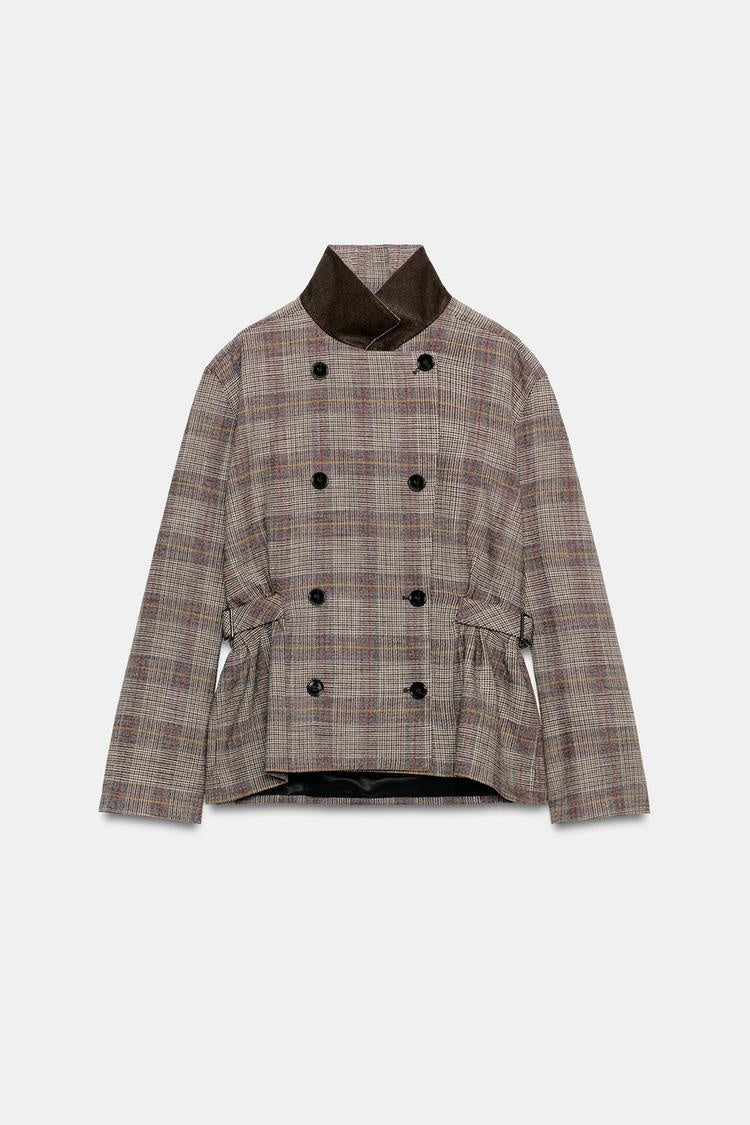 ZA Double-Breasted Checked High-Collar Jacket
