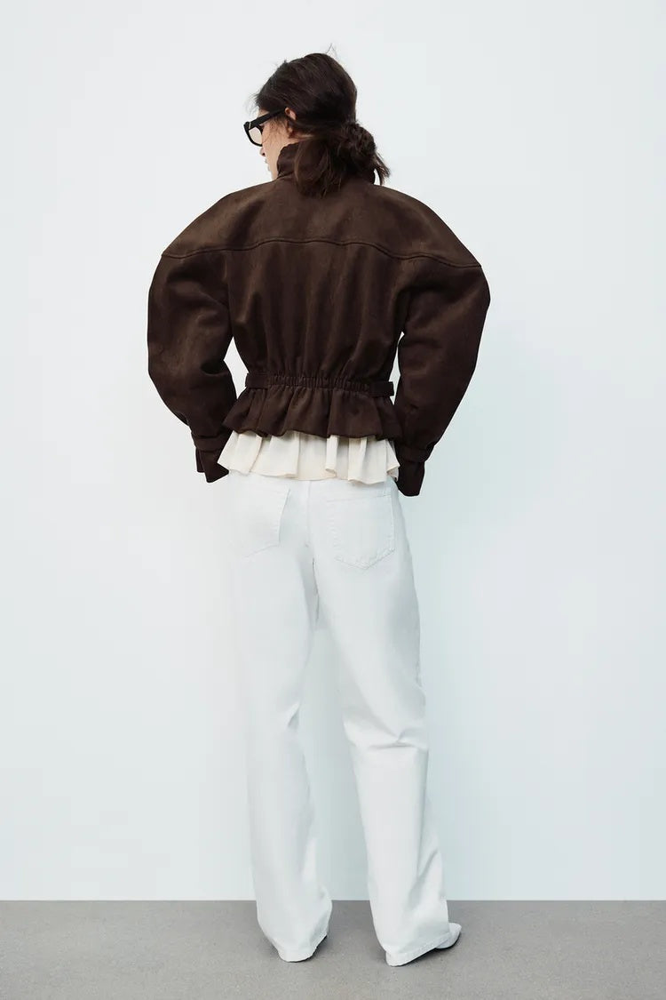 ZA Suede-Effect Ruffle Collar Jacket