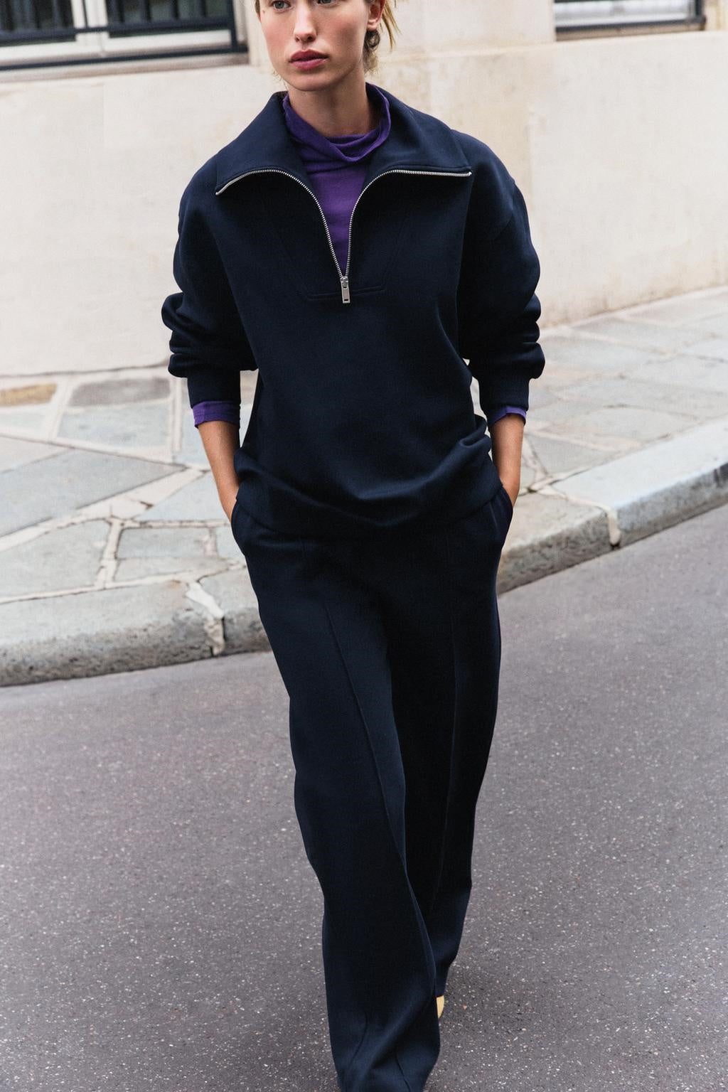 ZA Half-Zip Funnel Neck Sweatshirt & Wide-Leg Pants Set