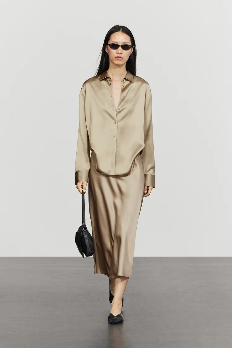 ZA Satin A-Line Midi Skirt