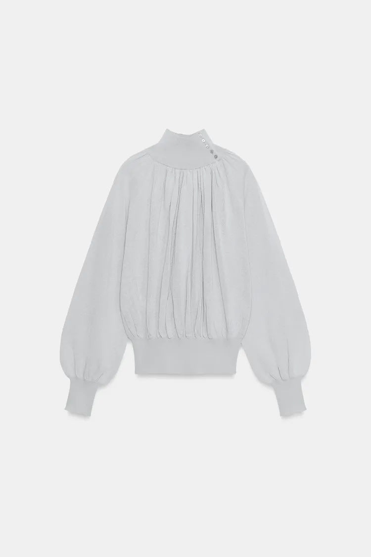 ZA High-Neck Gathered Blouson Top