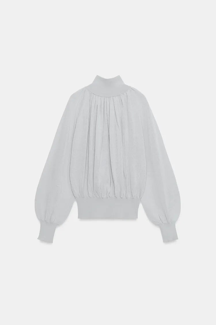 ZA High-Neck Gathered Blouson Top