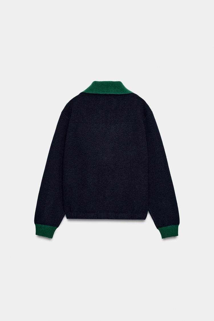 ZA Contrast Collar Full-Zip Knit Jacket