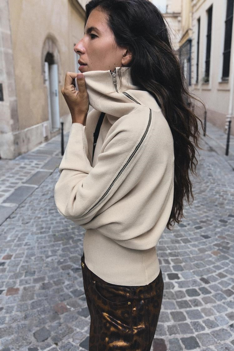 ZA Asymmetric Zip-Off Shoulder Sweater