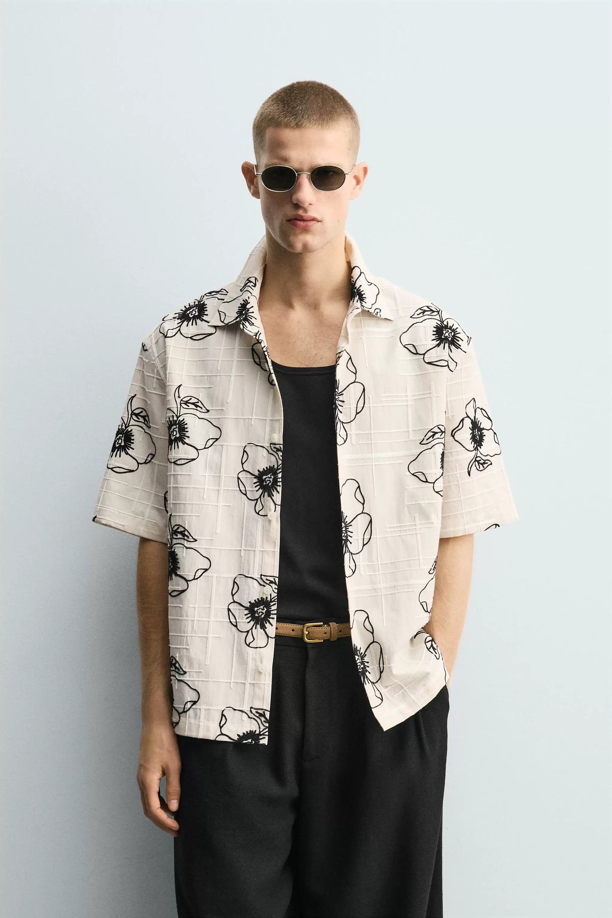 ZA Floral Print Textured Short-Sleeve Shirt
