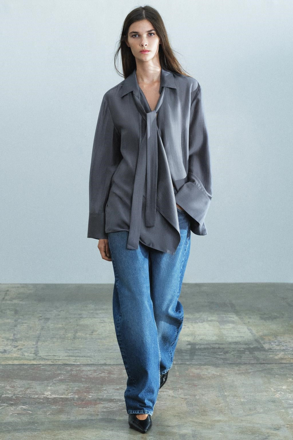 ZA Metallic Grey Tie-Neck Satin Blouse