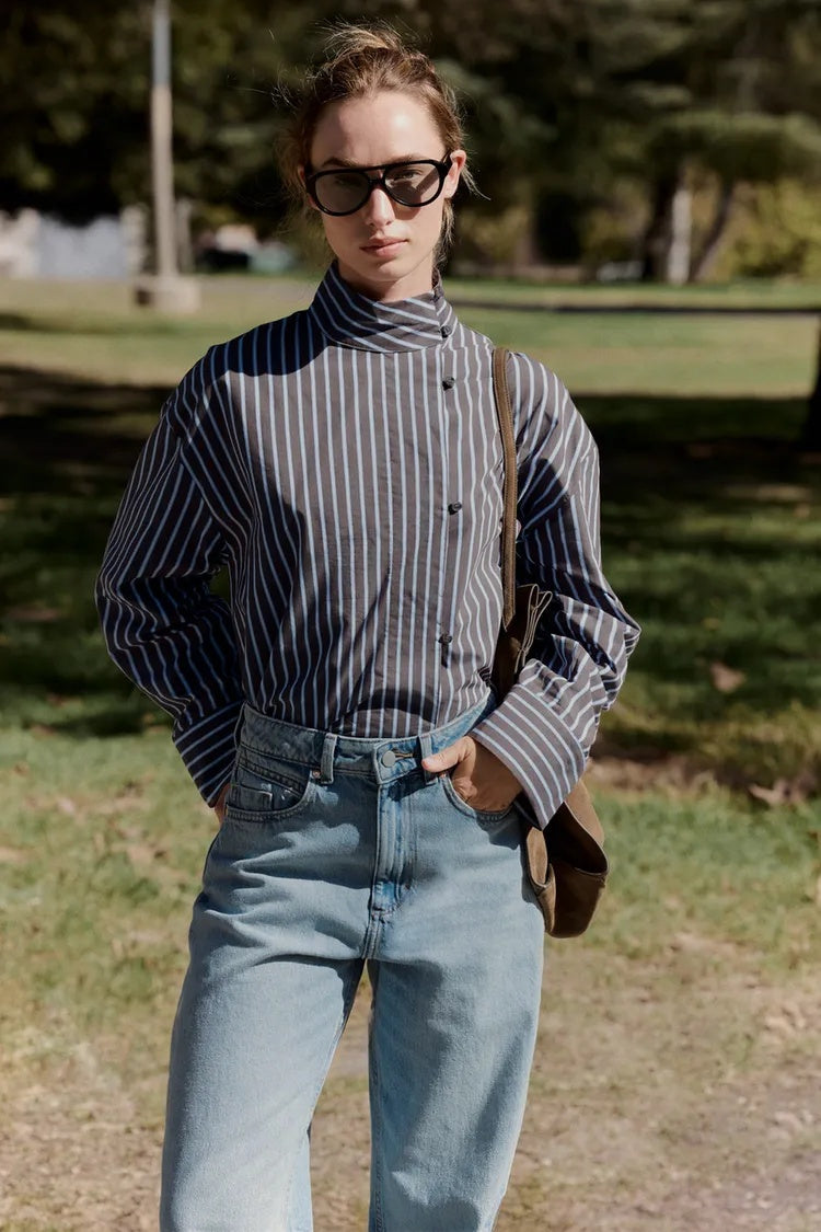 ZA Striped High-Neck Button Shirt