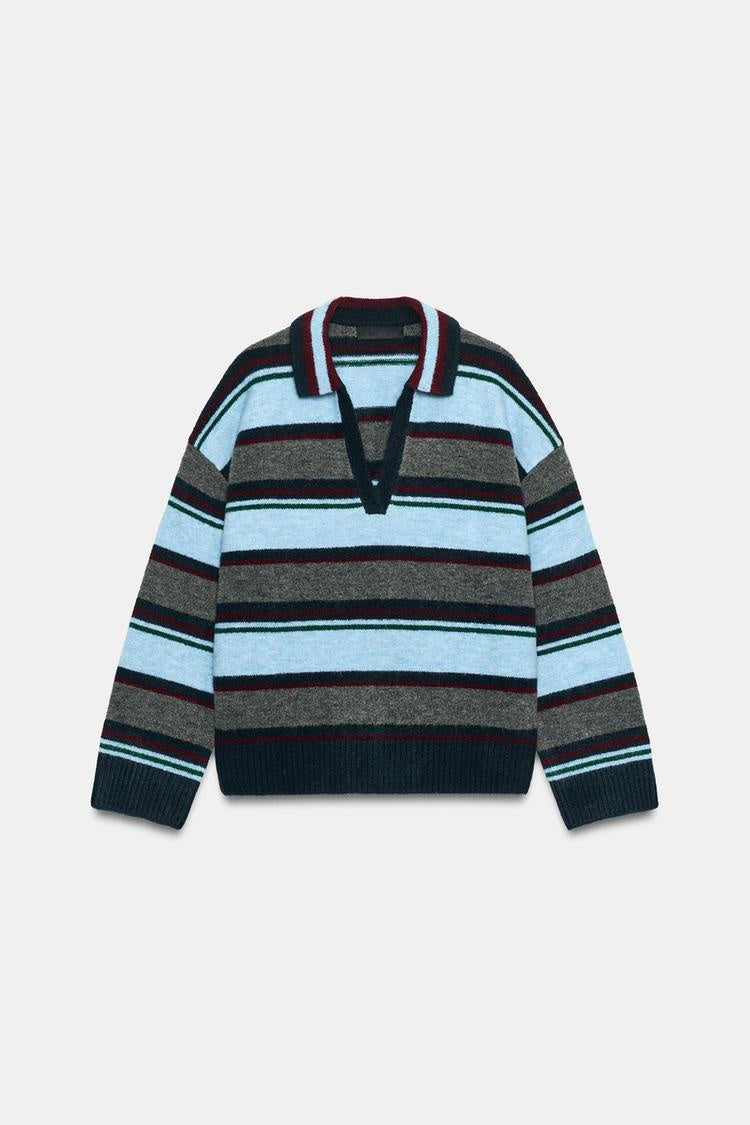 ZA Striped Polo Collar Knit Sweater