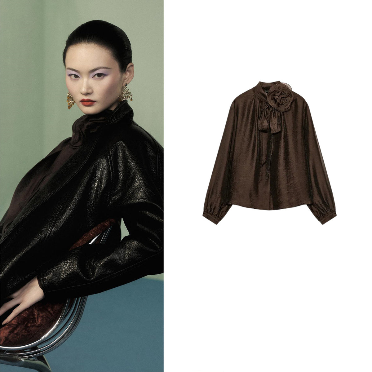 ZA  Brown Floral Tie-Neck Satin Blouse