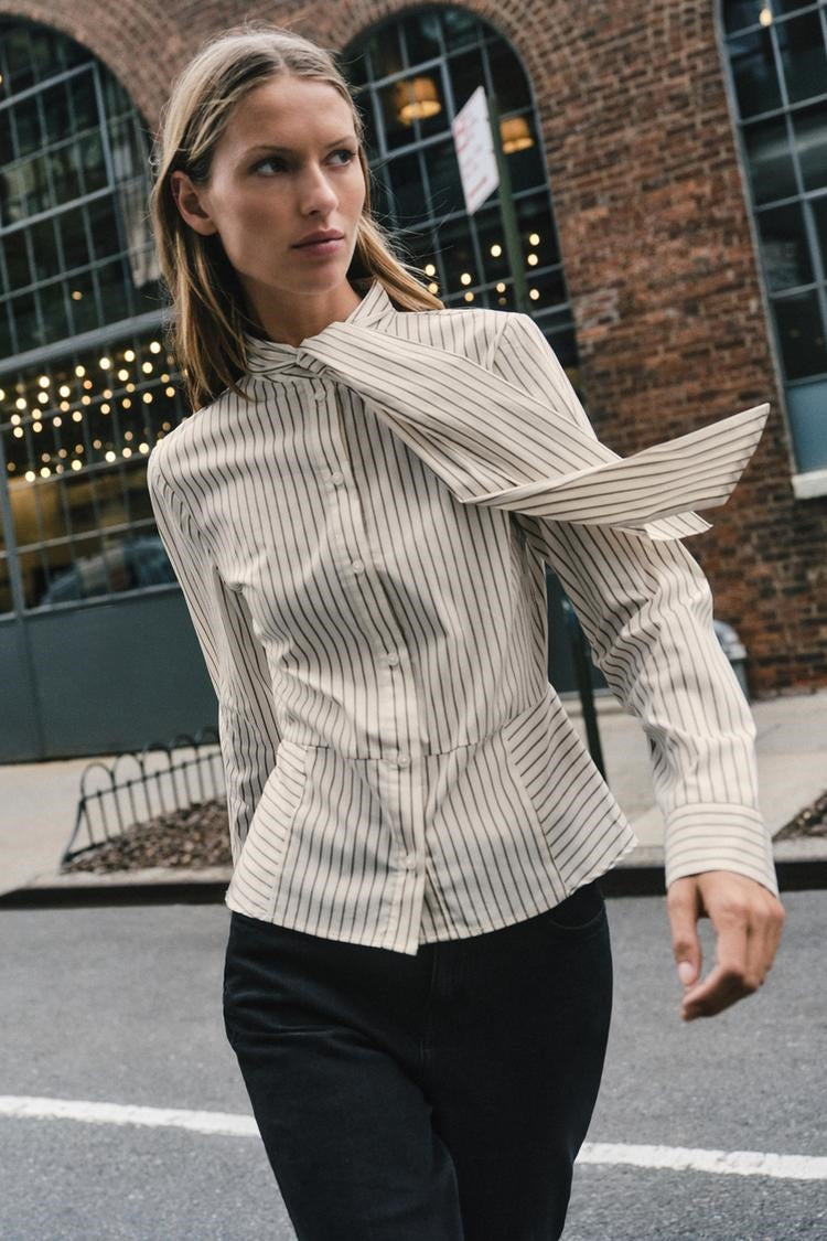 ZA Striped Bow-Neck Blouse