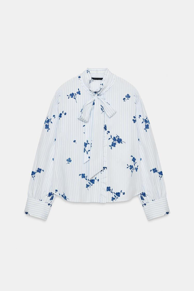 ZA Floral Tie-Neck Striped Blouse