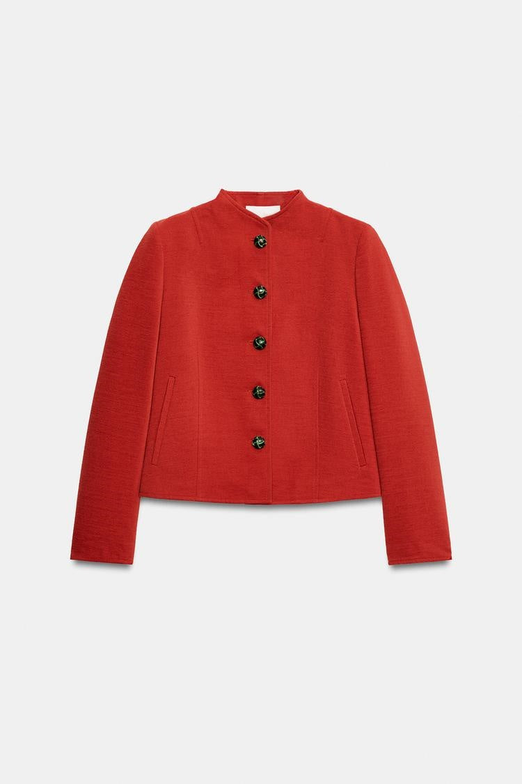 ZA Red Collarless Button Jacket