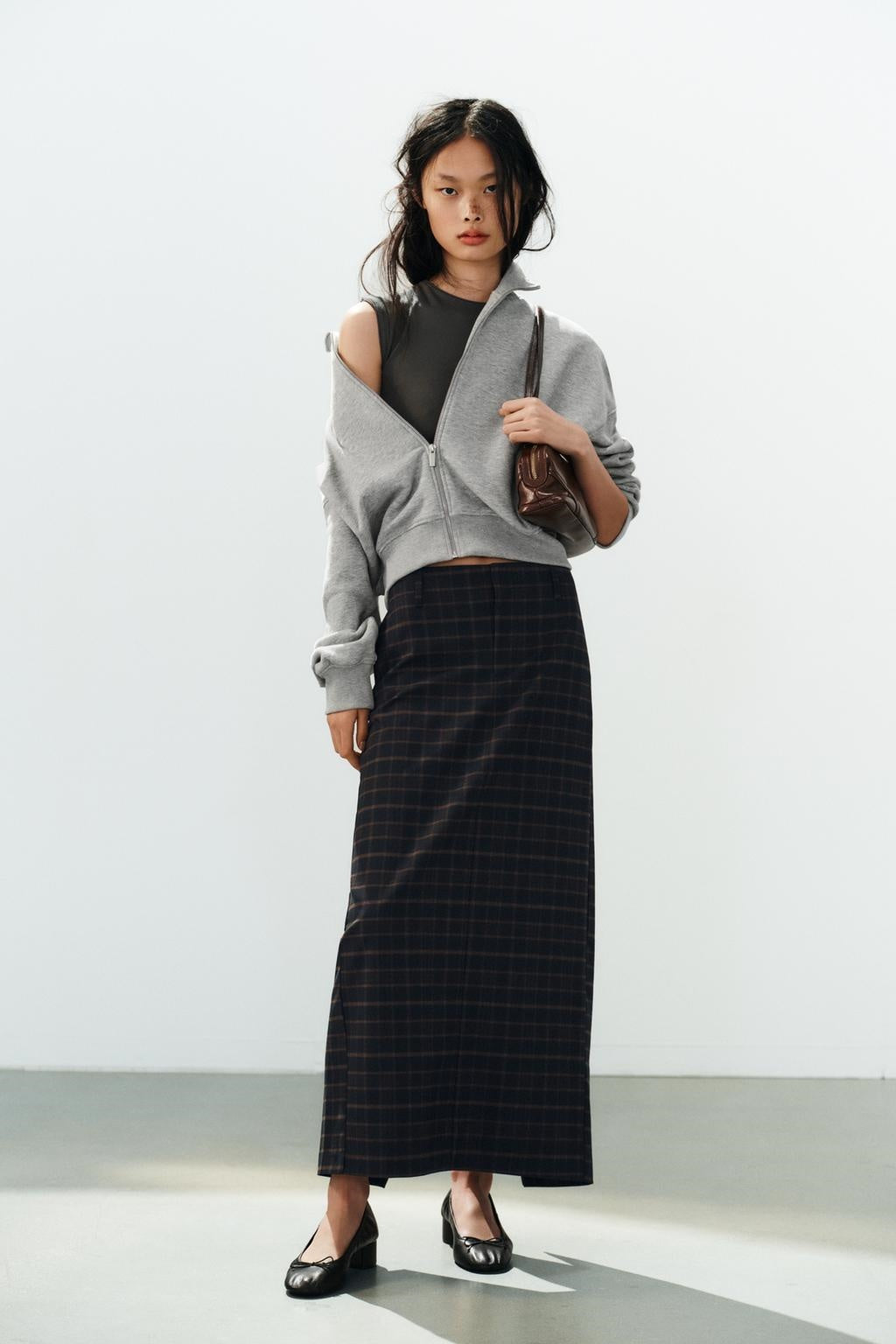 ZA Reversible Check Midi Skirt