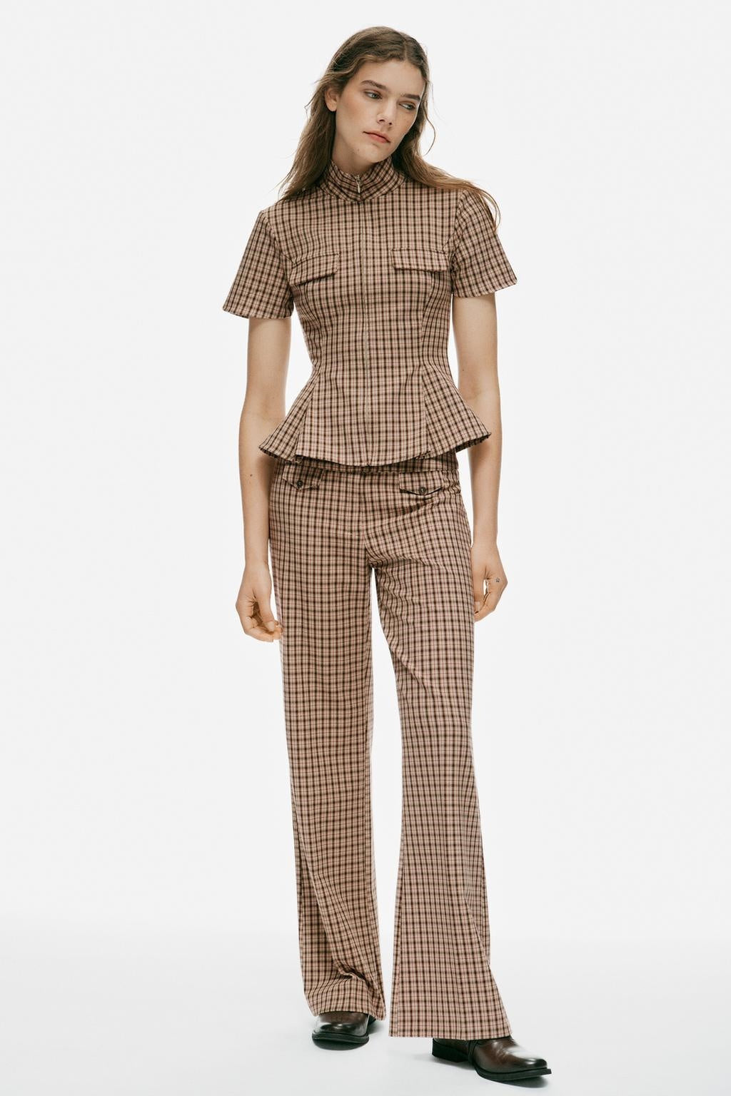 ZA Checked Shirt & Wide-Leg Trouser Set