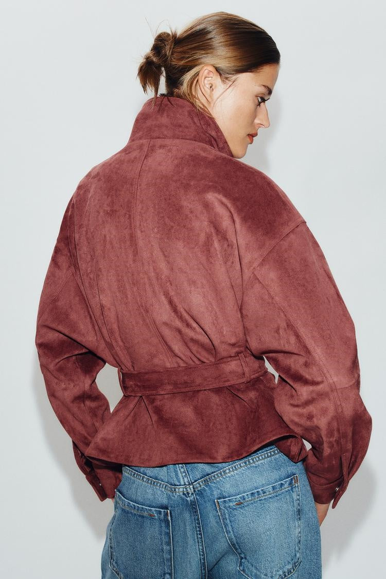 ZA Suede-Effect Belted Jacket