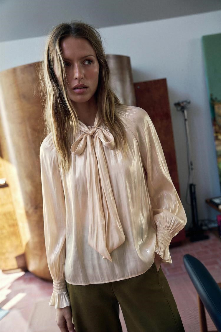 ZA Satin Tie-Neck Blouse