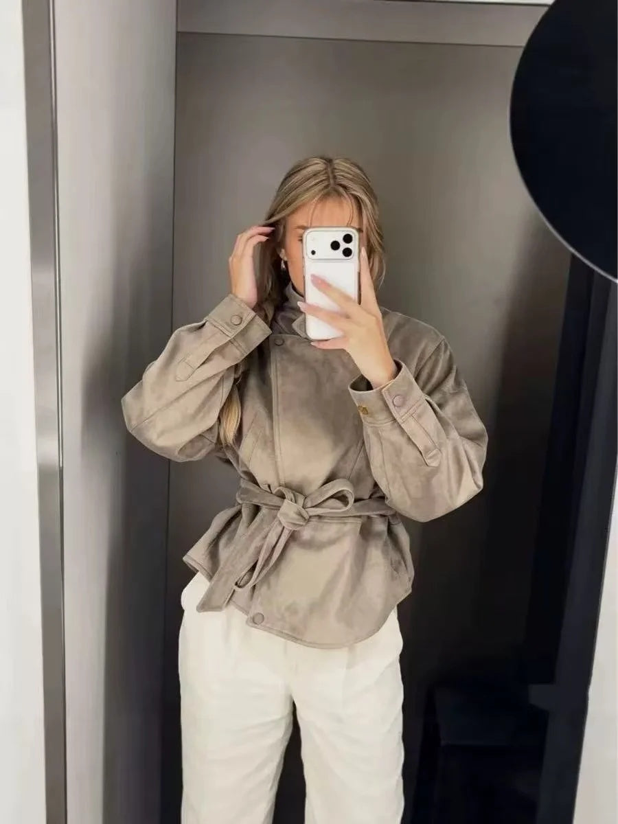ZA Belted Suede-Effect High-Neck Jacket