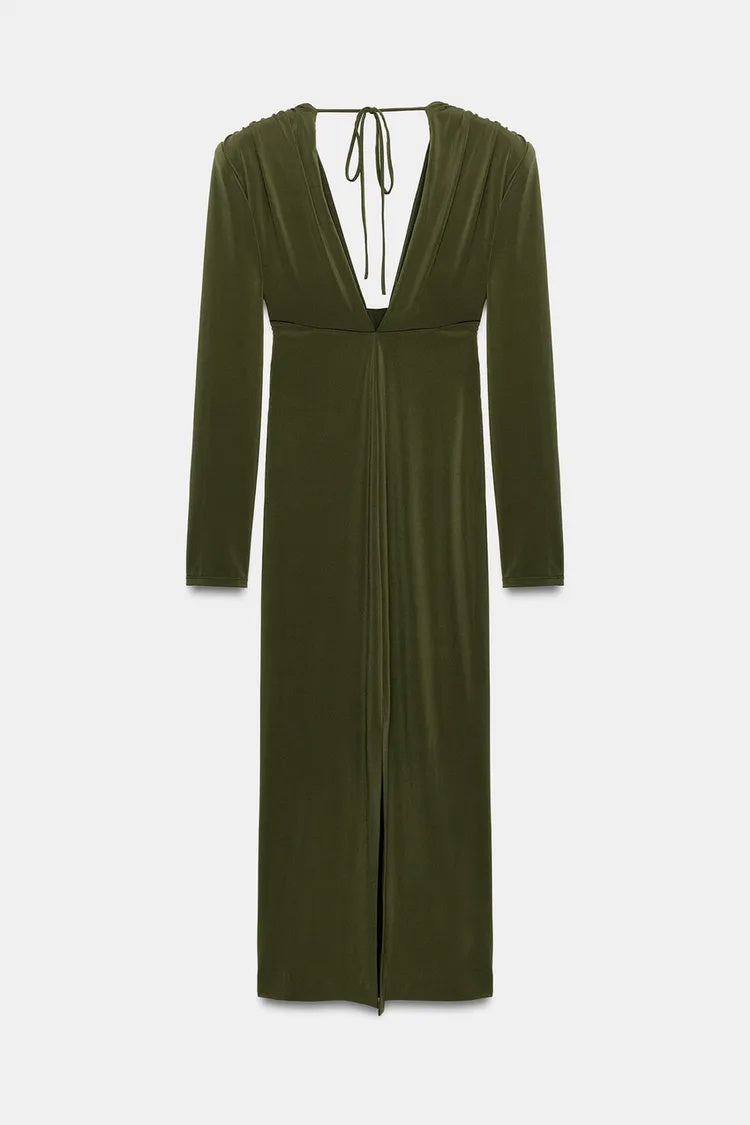 ZA Olive Green Deep V-Neck Maxi Dress