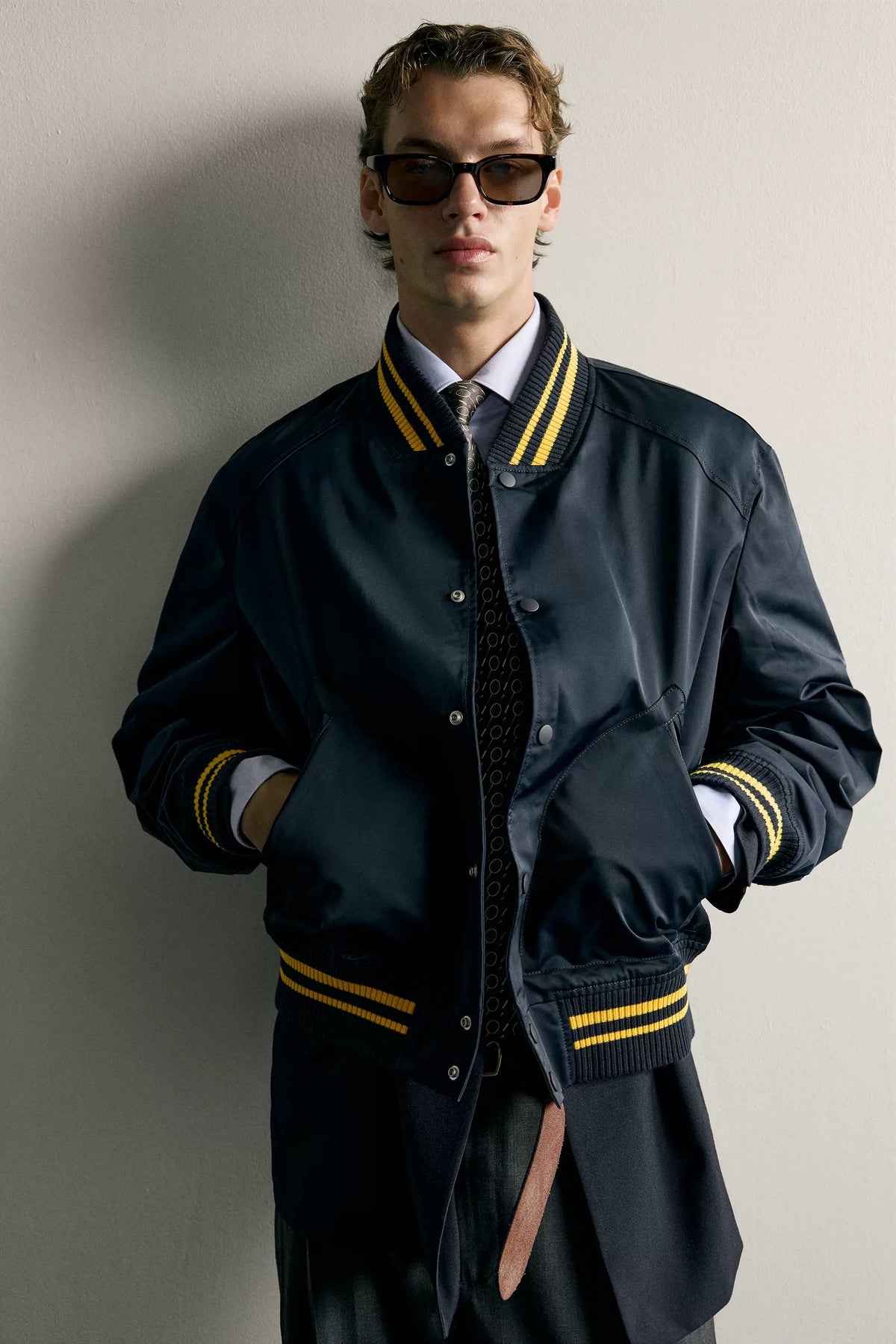 Navy Varsity Bomber Jacket with Yellow Stripe Trim