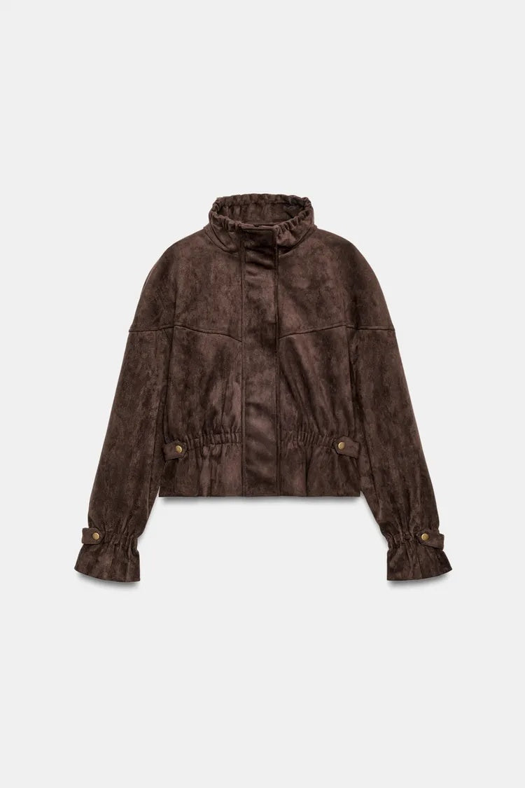 ZA Suede-Effect Ruffle Collar Jacket
