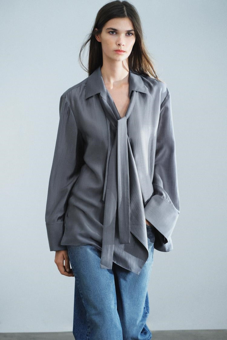 ZA Metallic Grey Tie-Neck Satin Blouse