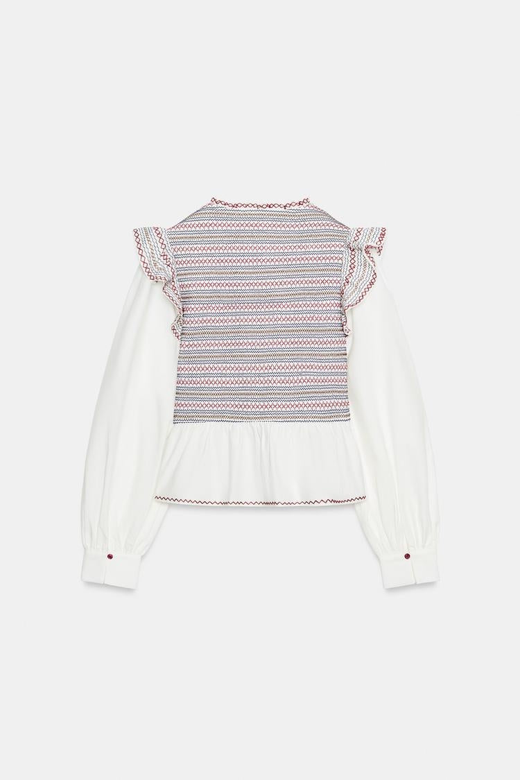 ZA Embroidered Smocked Ruffle Blouse