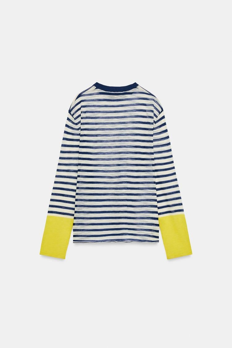 ZA Striped Contrast-Cuff Long-Sleeve Top