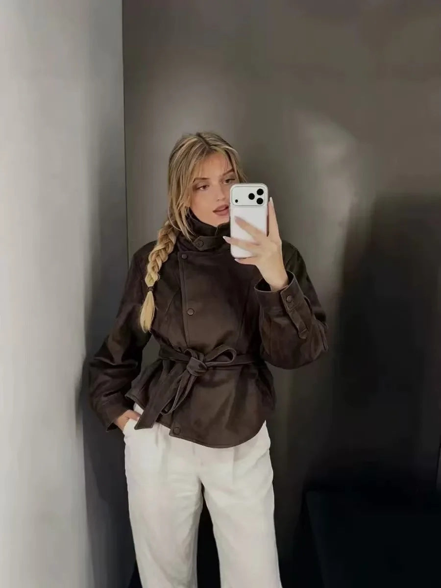 ZA Belted Suede-Effect High-Neck Jacket