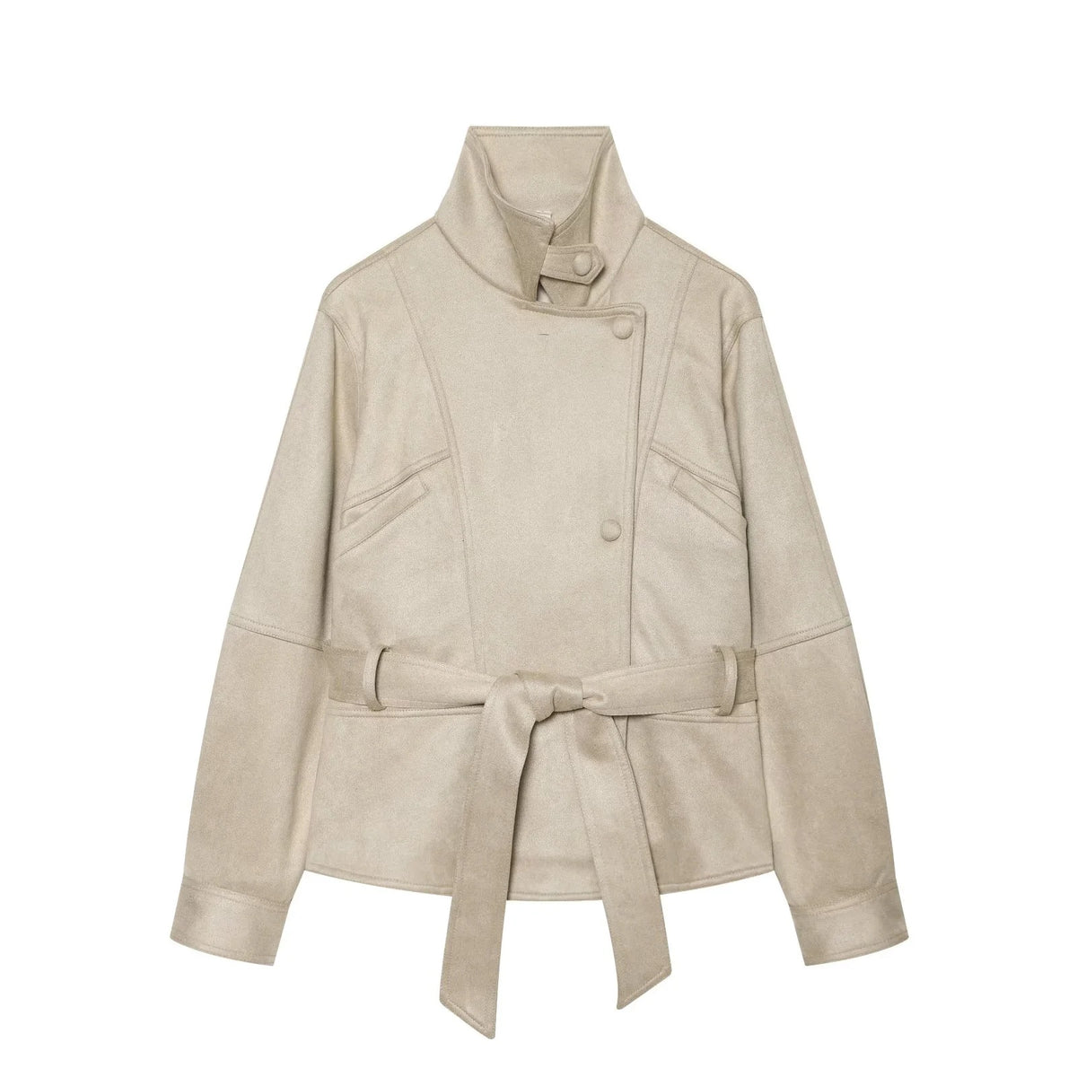 ZA Belted Suede-Effect High-Neck Jacket