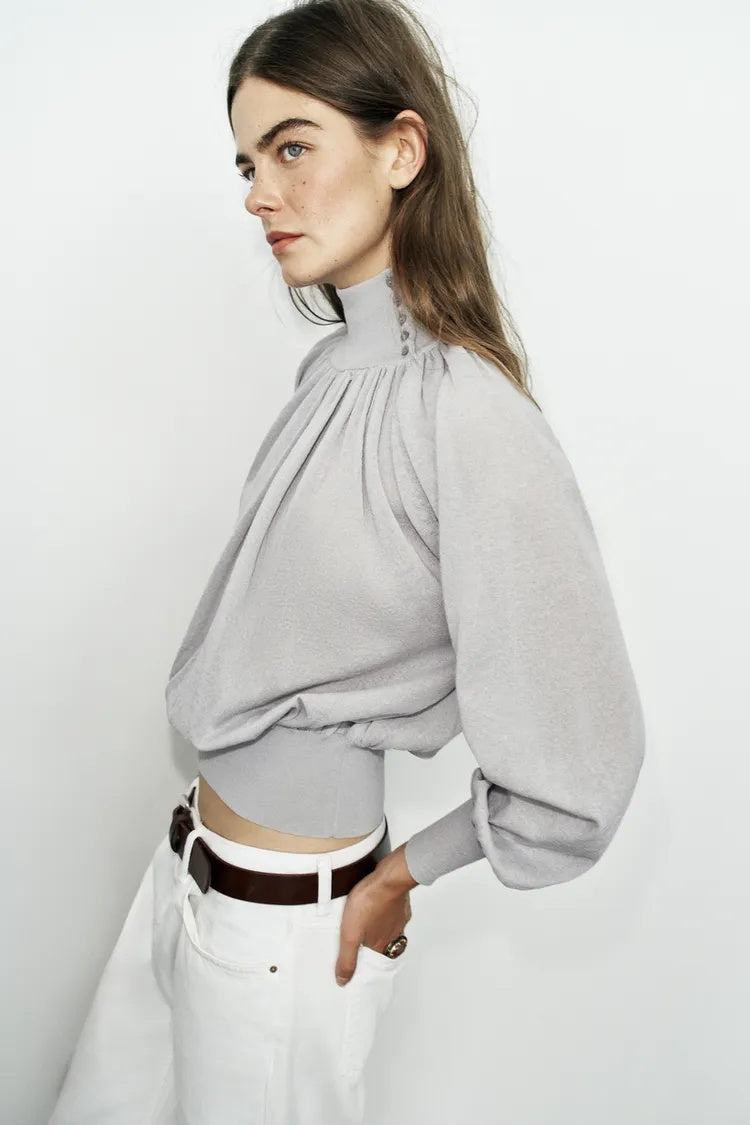 ZA High-Neck Gathered Blouson Top