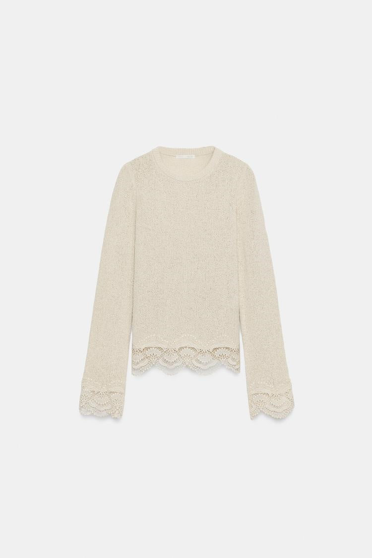 ZA Lace-Trim Textured Knit Sweater